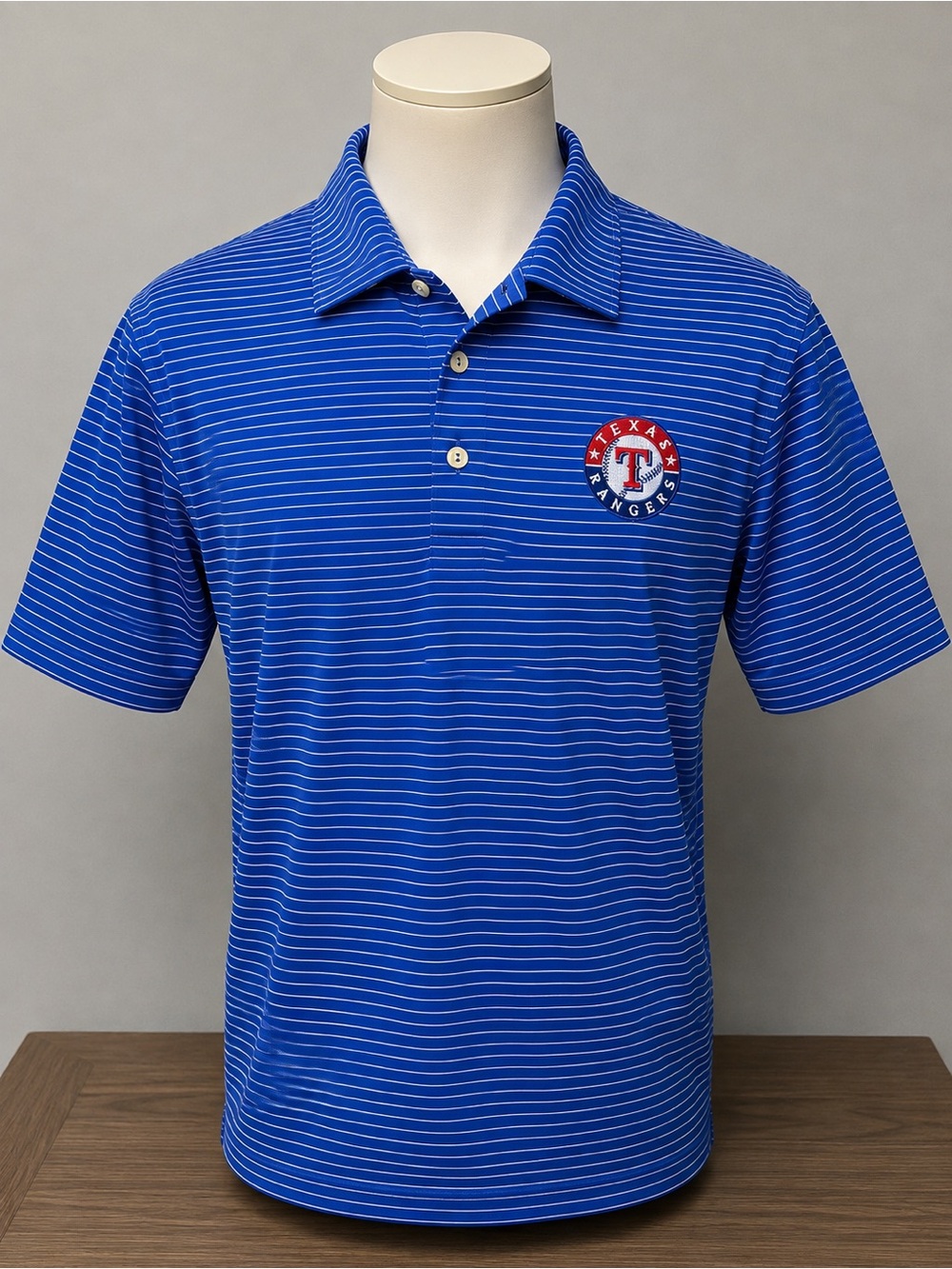 Peter Millar Royal Blue Thin-Striped Polo with Embroidered Texas Rangers Patch